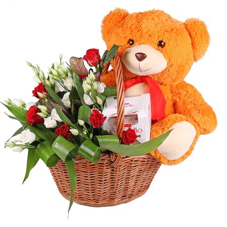 Bouquet Flower Basket with Teddy Bear